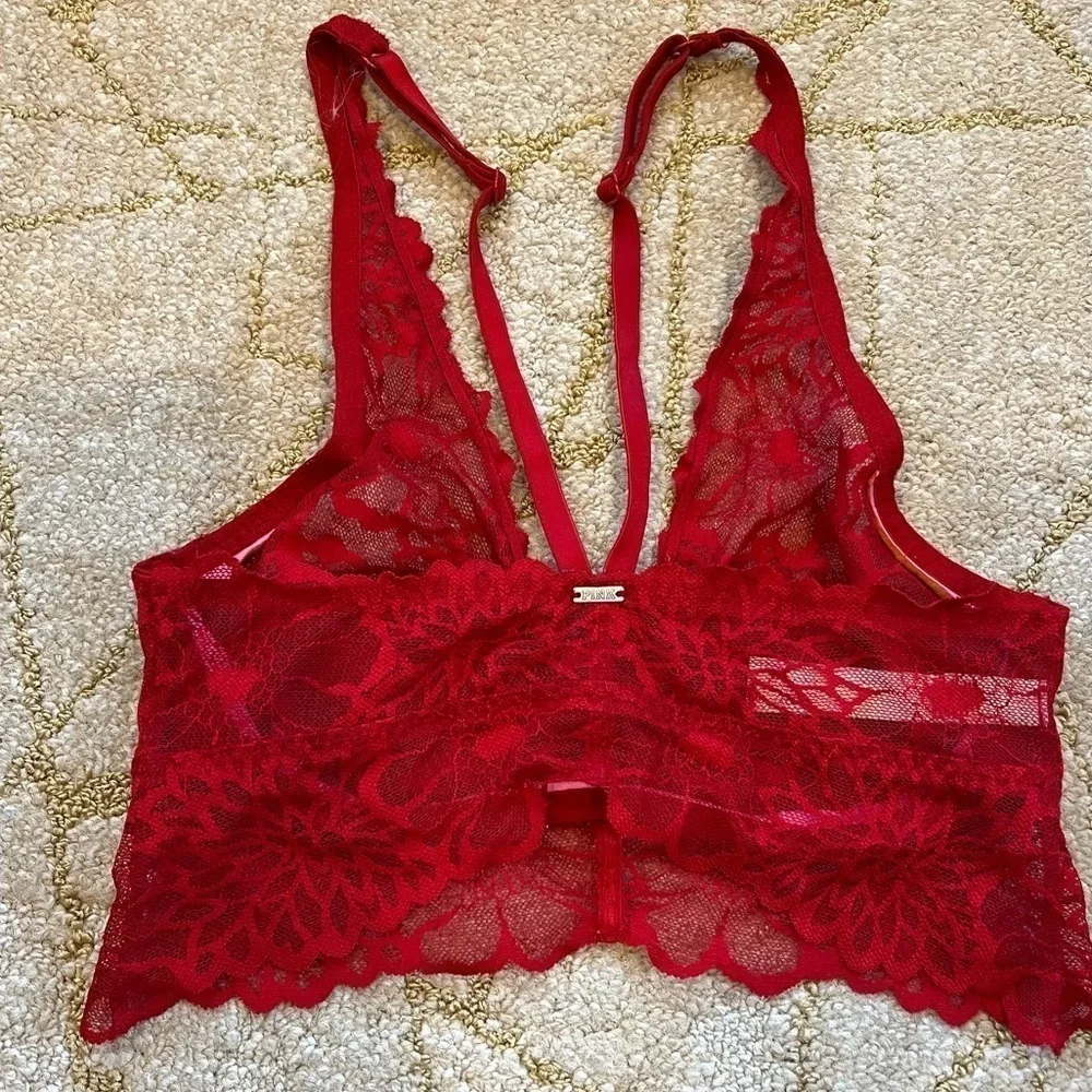 🛼🍕🪻Victoria’s Secret plunge floral lace pushup bra red XS CLOSEOUT